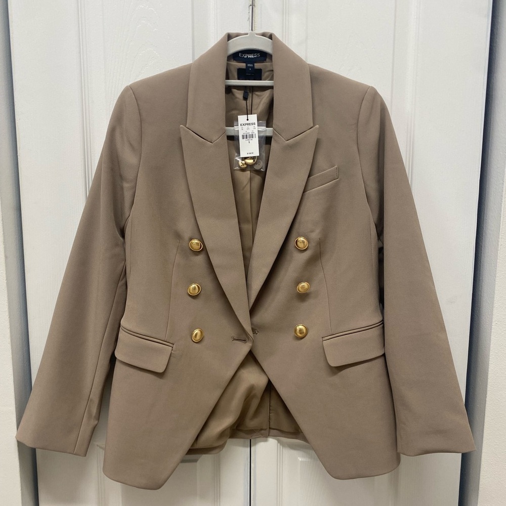 Express Supersoft Twill Double Breasted Novelty Button Blazer Beige/Brown Size S
